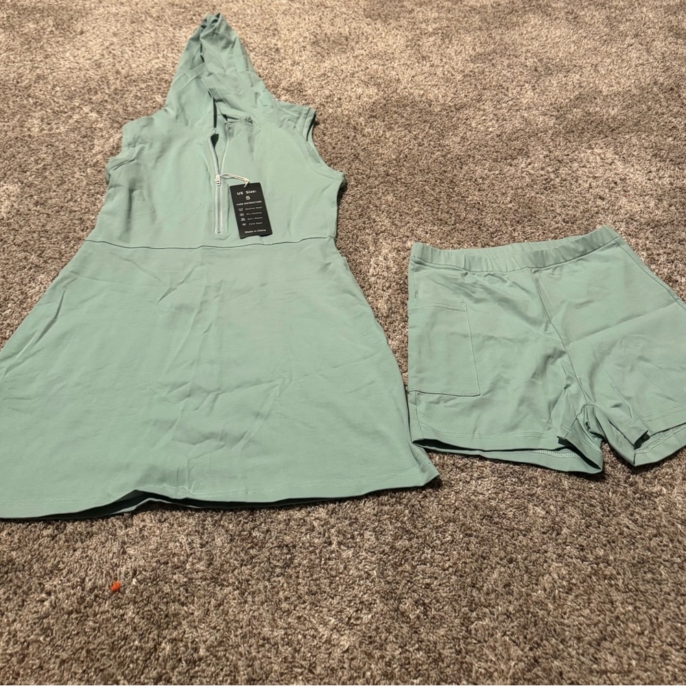 Mint Green Hooded Dress and Shorts Set